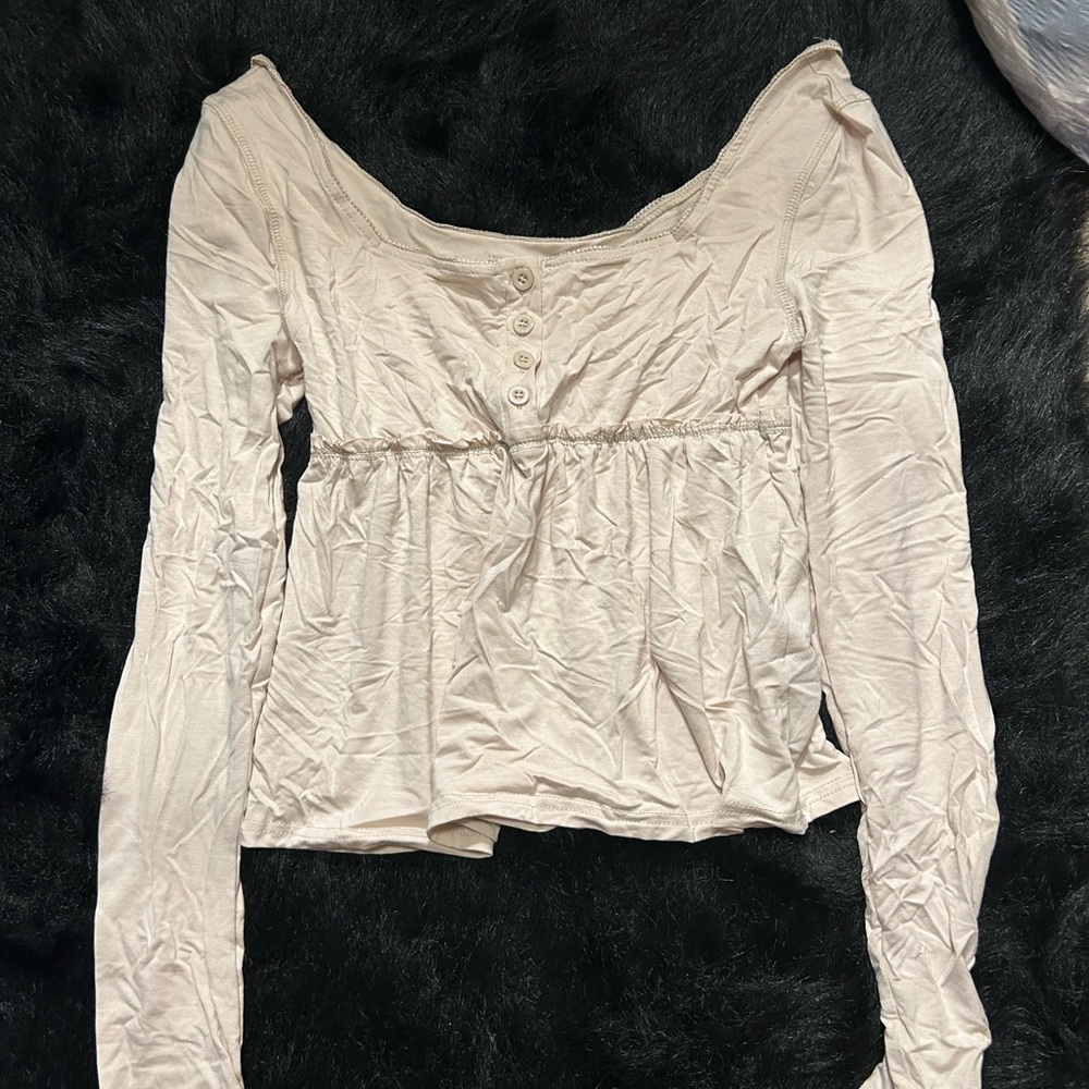 SHEIN Cream Ruched Long Sleeve Blouse